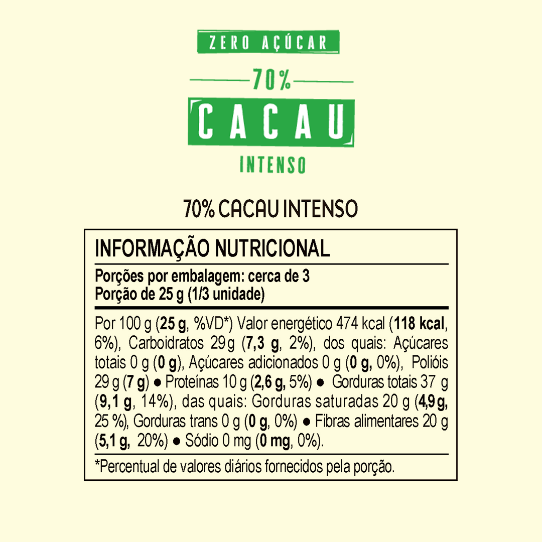 Choco Oz Zero Açúcar 70% Cacau Intenso 80g