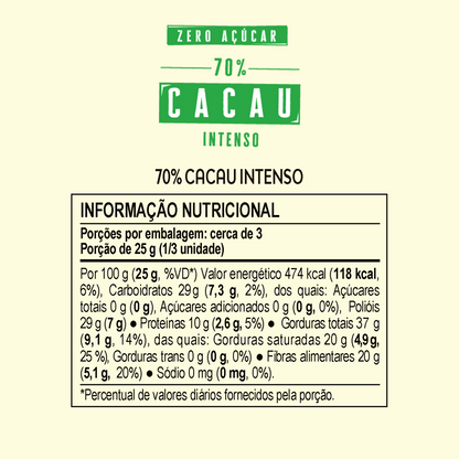 Choco Oz Zero Açúcar 70% Cacau Intenso 80g