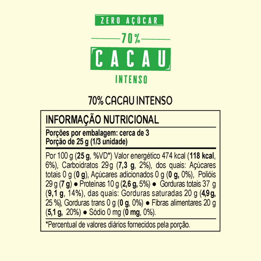 Choco Oz Zero Açúcar 70% Cacau Intenso 80g