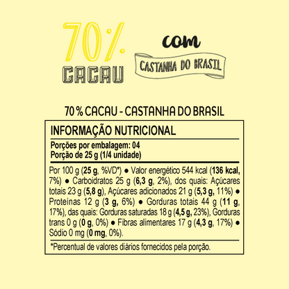 Choco Oz 70% Cacau com Castanha do Brasil 100g