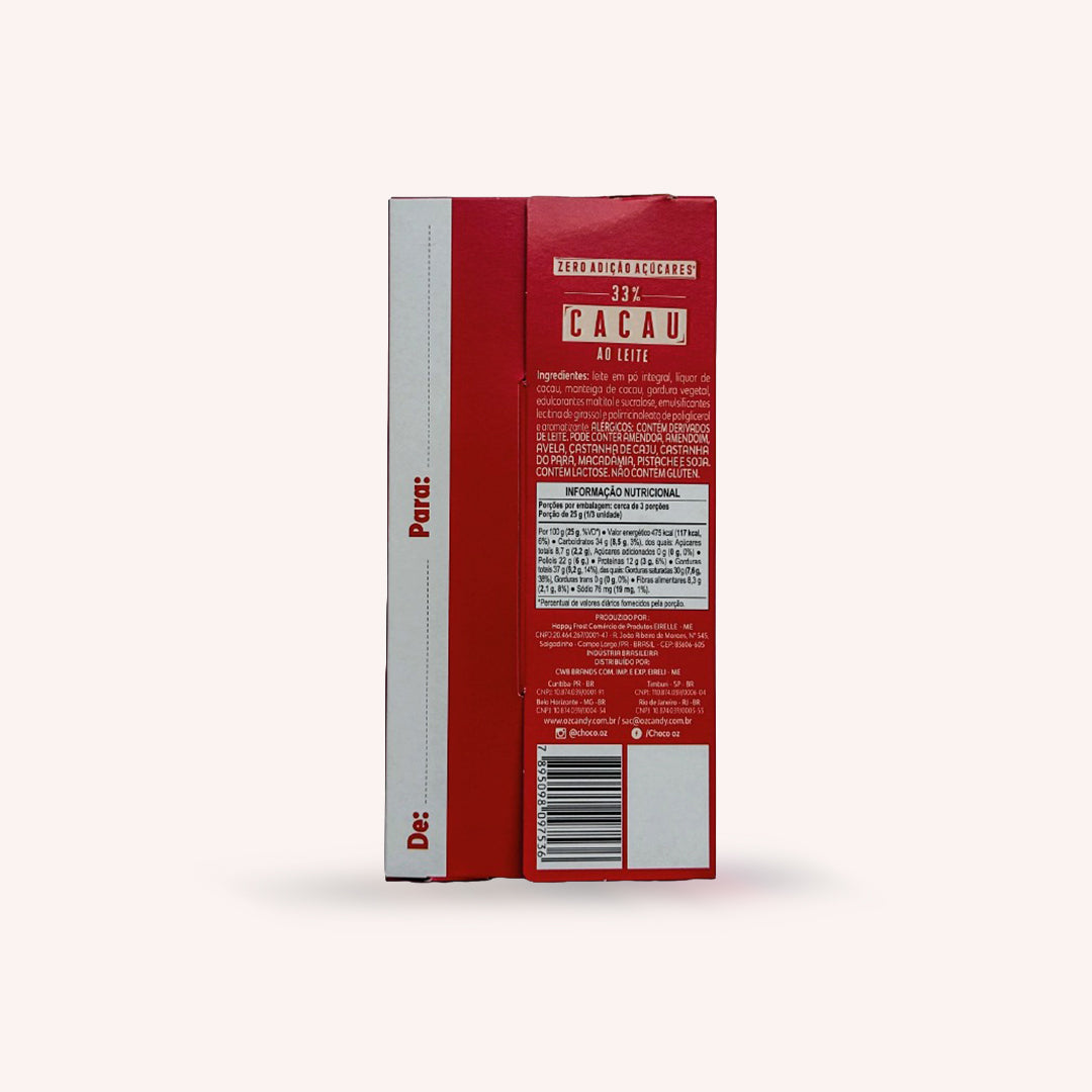 Choco Oz Zero Açúcar 33% Ao leite 80g