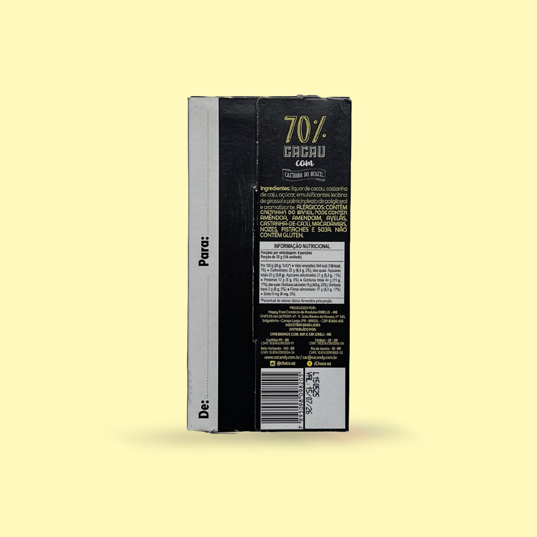 Choco Oz 70% Cacau com Castanha do Brasil 100g
